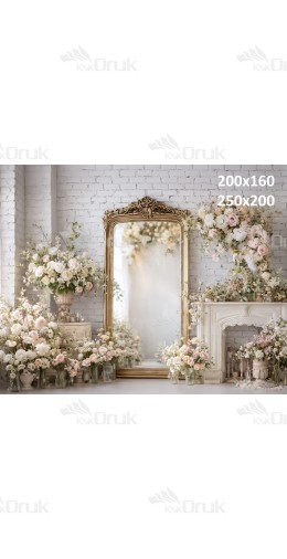 Tło fotograficzne „Eleganckie wnętrze z lustrem, kominkiem i kwiatami” | 3997